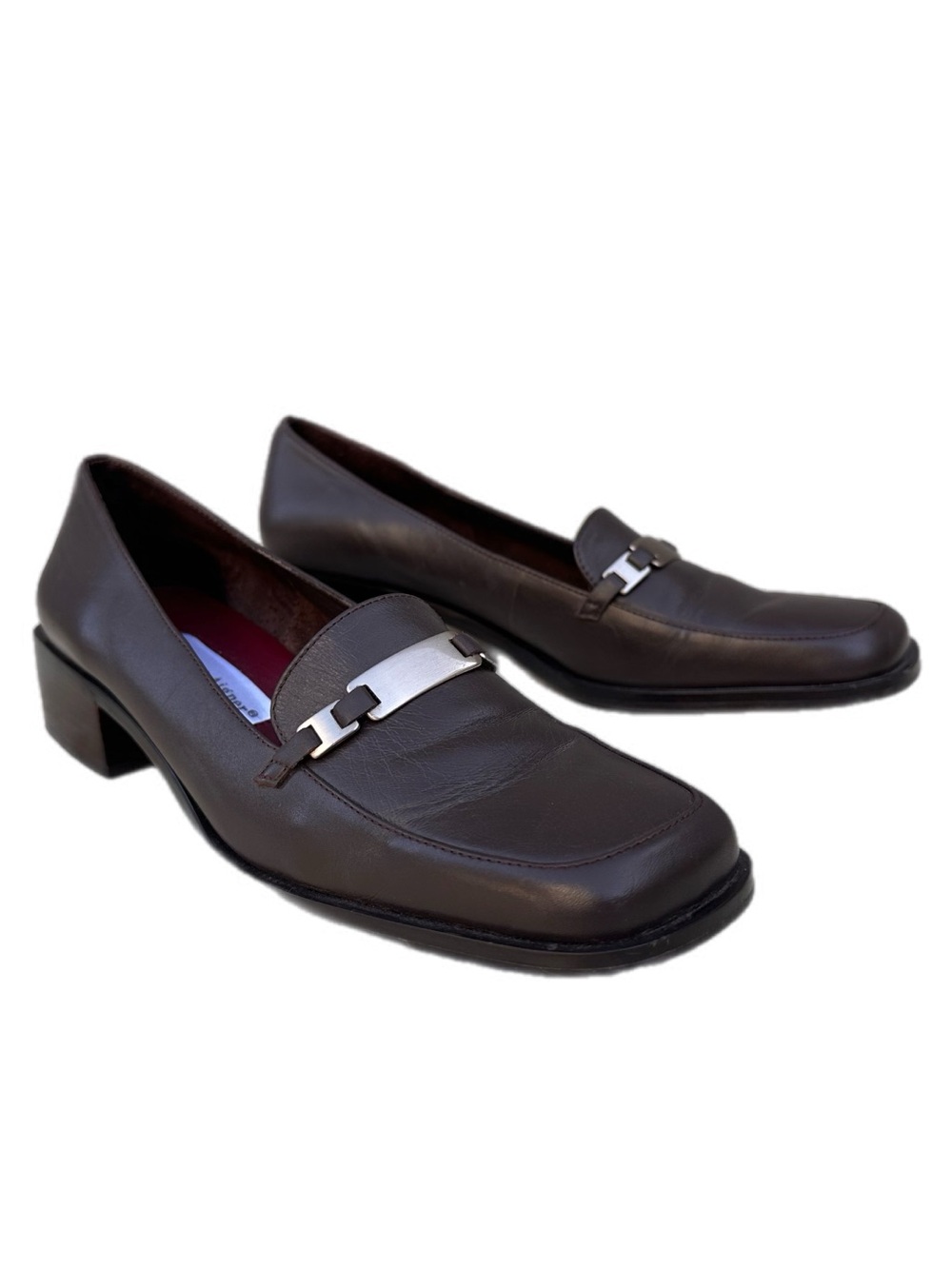Vintage Etienne Aigner Brown Leather Loafers Size 7.5 Silver Hardware Block Heel